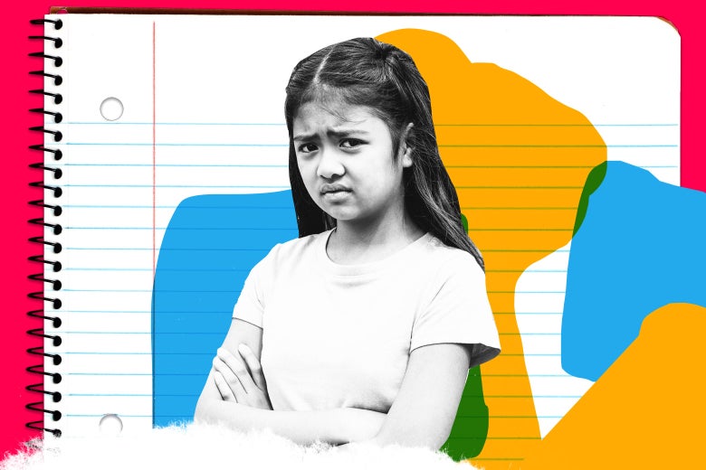 Photo illustration of a disgruntled-looking girl staring directly into the camera against a background of lined notebook paper.